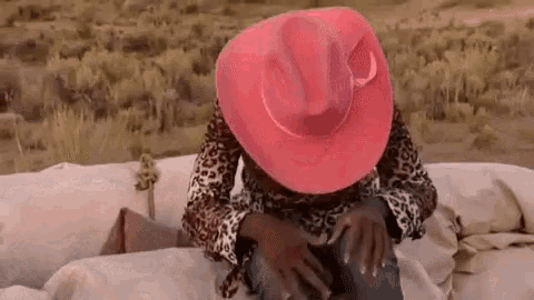 a woman wearing a pink cowboy hat and leopard print shirt is sitting on a bed .
