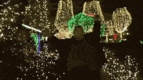 a man is holding a light saber in front of a christmas tree and trees .