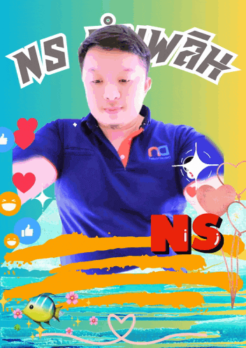 a man in a blue shirt is surrounded by hearts and the words ns wah