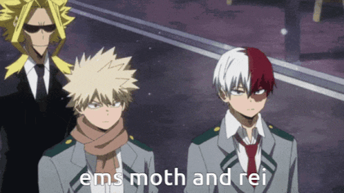 a group of anime characters standing next to each other with the words ems moth and rei written on the bottom
