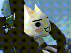 a white cat with a black circle on its face and a smiley face