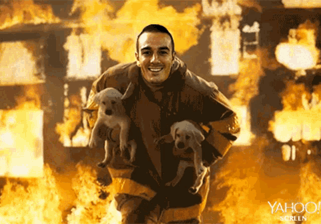 a man in a fireman 's uniform is running with two puppies in front of a fire