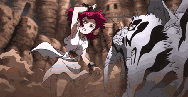 a cartoon drawing of a girl fighting a monster with the letter n on its face