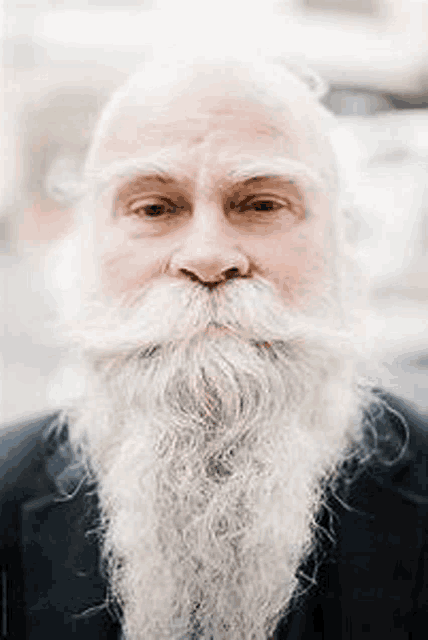 a man with a long beard and mustache is wearing a suit and looking at the camera .