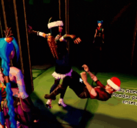 a man in a santa hat is playing a video game with a girl in a blue dress