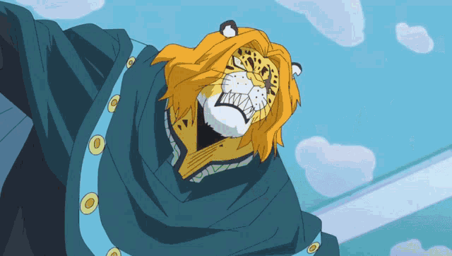 a cartoon character with a leopard 's face and a blue cape