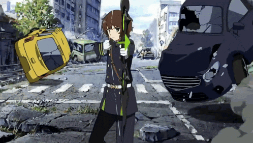 a cartoon drawing of a person holding a sword in front of a broken car