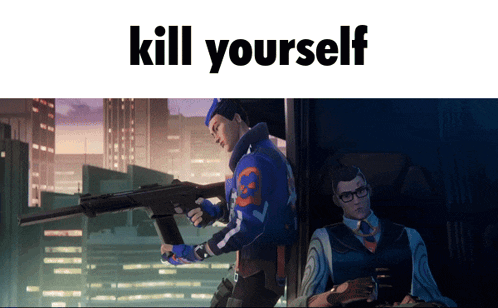 a man holding a gun next to another man with the words kill yourself on the bottom
