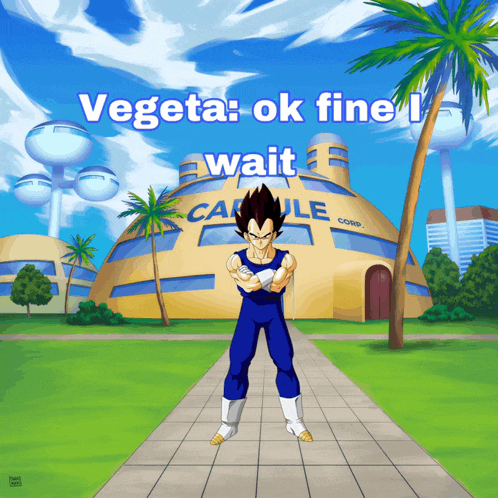 a cartoon of vegeta standing in front of a building that says capsule corp.