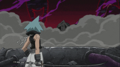 a close up of a cartoon character with blue hair and a black collar
