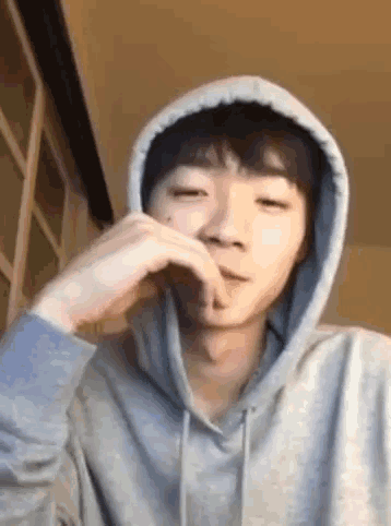 a young man wearing a hoodie covering his mouth with his hand .