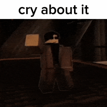 a cartoon character is standing in a dark room with the words `` cry about it '' written above him .