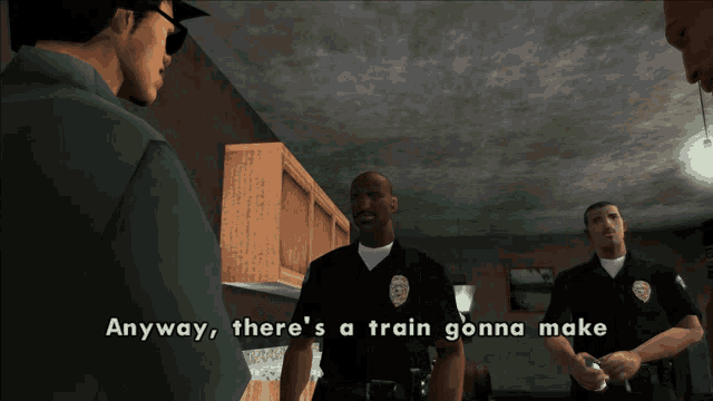 a video game scene with the words anyway there 's a train gonna make at the top