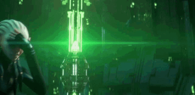 a woman is standing in front of a green light and says `` no one is being assimilated ! ''