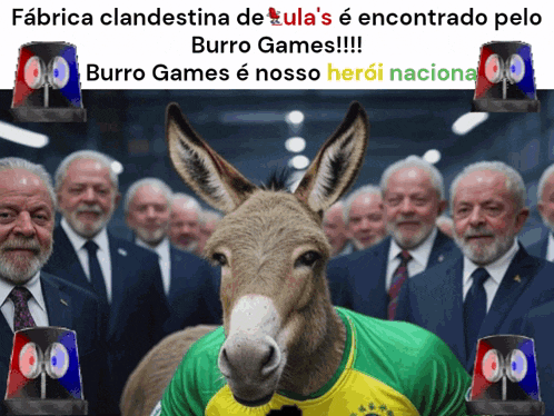 a donkey wearing a yellow and green shirt stands in front of a group of men in suits and ties