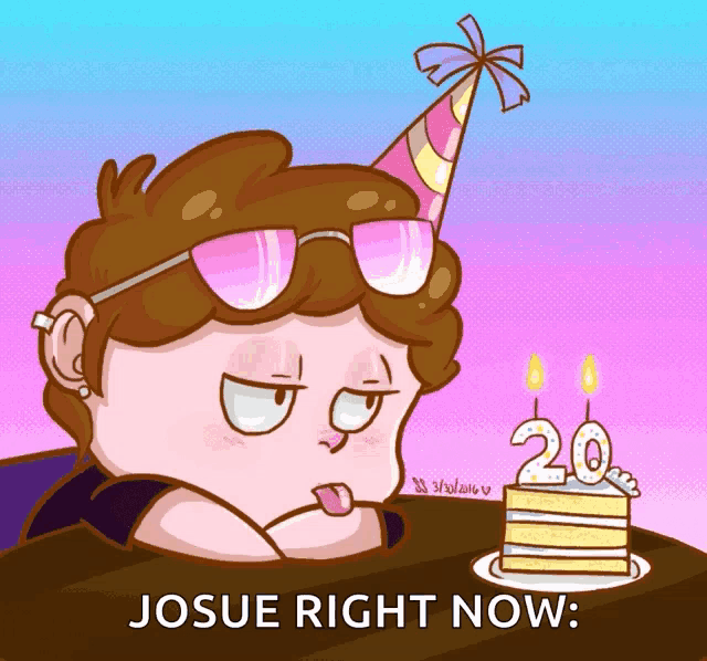 a cartoon of a man wearing sunglasses and a party hat with the words josue right now