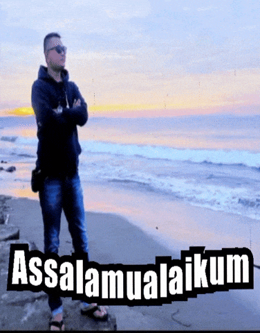 a man standing on a beach with the words " assalamualaikum " written above him