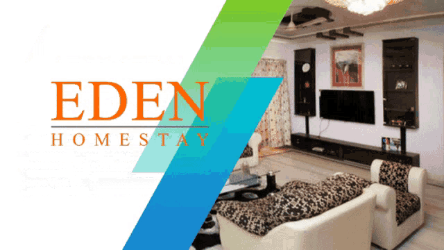 a picture of a living room with the eden homestay logo on it