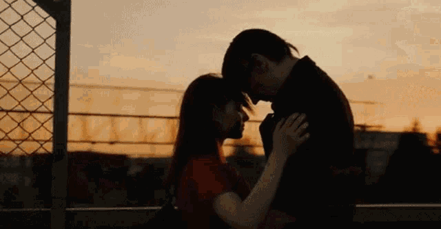 a man and a woman are hugging and kissing at sunset .