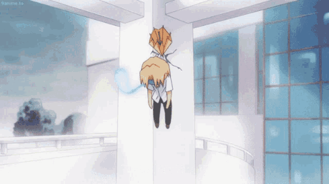 a cartoon of a boy hanging from a pillar with a ghost coming out of his head