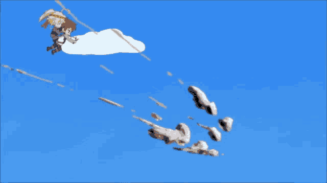 a cartoon character is flying on a cloud with a sword