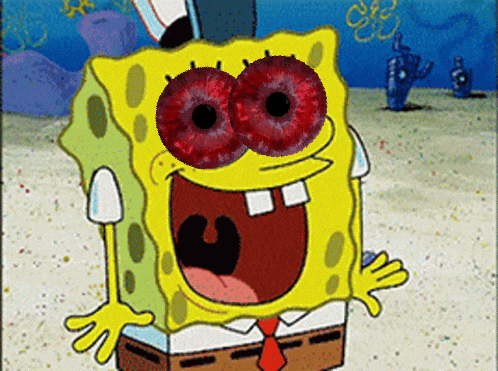 a cartoon of spongebob with red eyes and a red tie