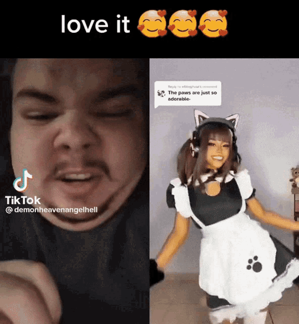 a man 's face next to a picture of a woman in a maid costume