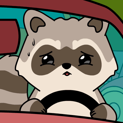 a cartoon of a raccoon driving a car with a sad look on its face