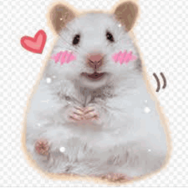 a white hamster with pink cheeks is sitting next to a red heart .