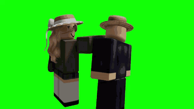 two roblox characters standing next to each other on a green screen .