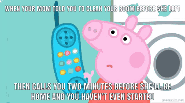 a cartoon of peppa pig talking on a blue cell phone