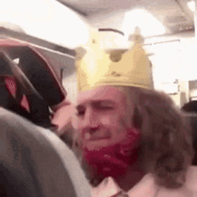 a man wearing a crown and a red scarf on a plane .