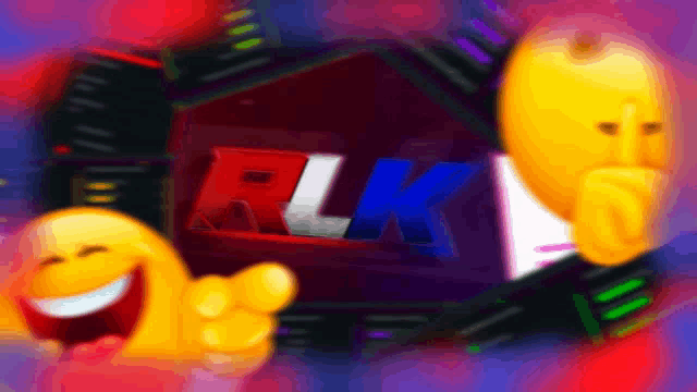 two smiley faces are laughing in front of a sign that says " rlk "