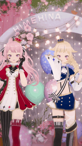 a couple of anime girls standing in front of a sign that says himehina