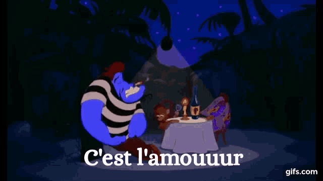a cartoon of a genie smoking a cigarette with the words c'est l' amouur
