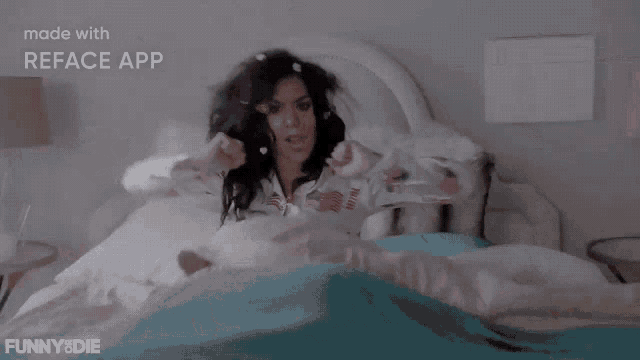 a woman is laying in bed with her mouth wide open and the words made with reface app behind her