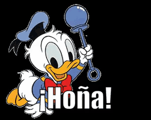 a cartoon of donald duck holding a microphone with the word hona in white letters