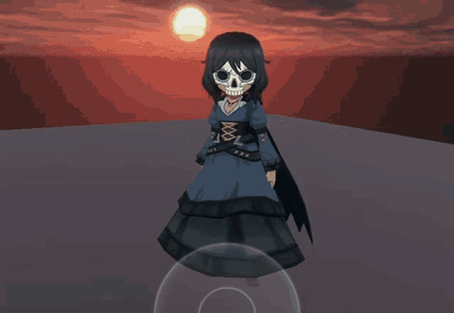 a girl with a skull mask on her face is standing in front of a sunset