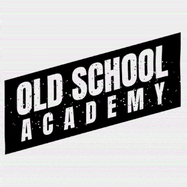 a sign that says old school academy has a glitch effect on it