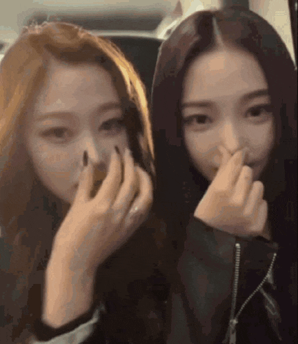 two girls are covering their noses with their hands while looking at the camera .