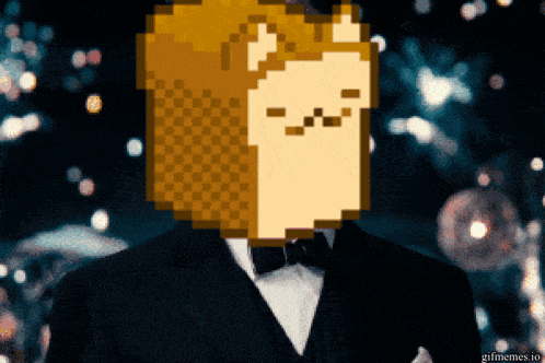 a pixel art of a man in a tuxedo with a bread face