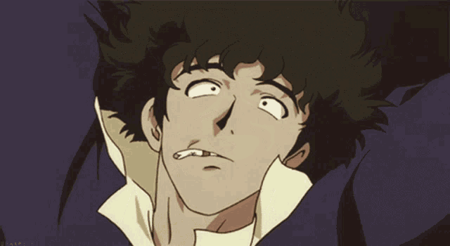 a close up of a cowboy bebop character with his eyes closed and his mouth open