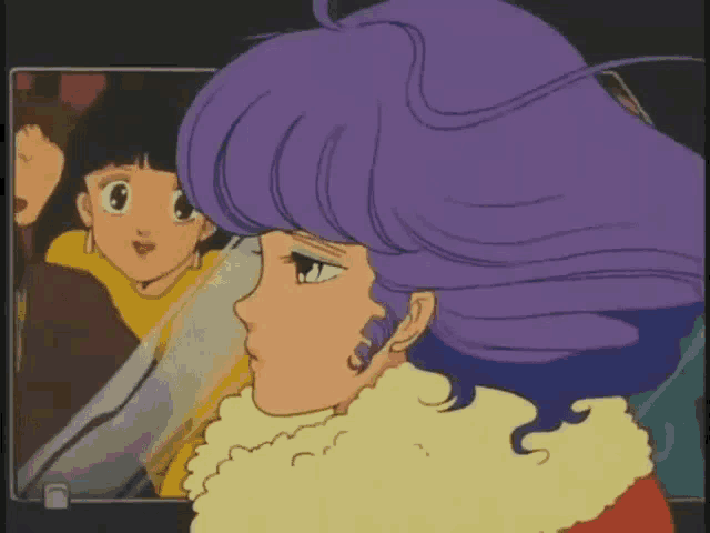 a cartoon girl with purple hair is looking at herself in a mirror