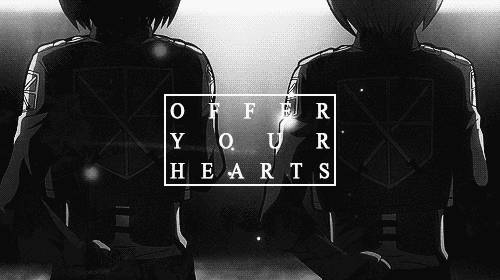 two anime characters are standing next to each other with the words " offer your hearts " on top