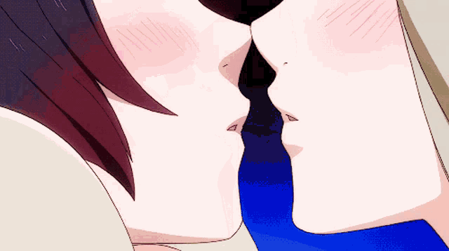 a couple of anime characters kissing each other with a blue background