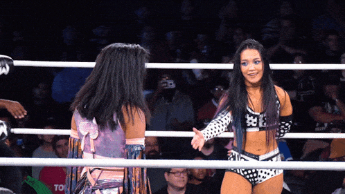 two female wrestlers are shaking hands in a wrestling ring with a crowd watching