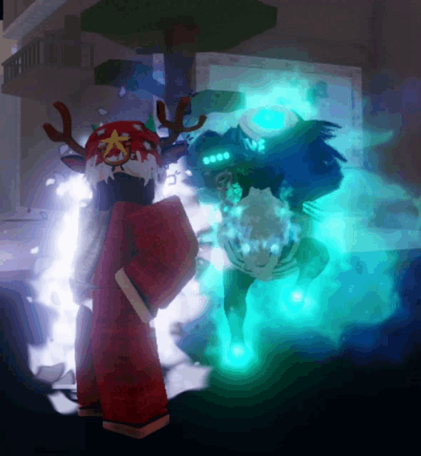 a cartoon character wearing a reindeer hat is standing in front of a monster