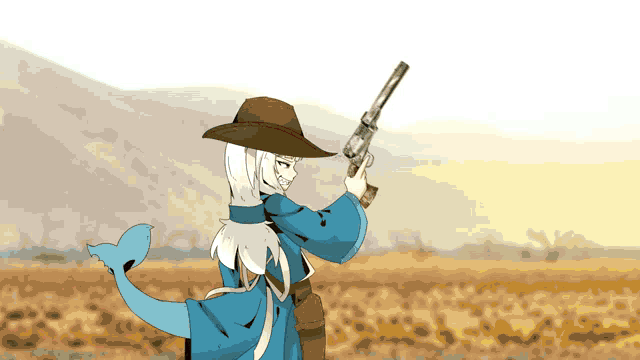 a girl in a cowboy hat is holding a gun in a field