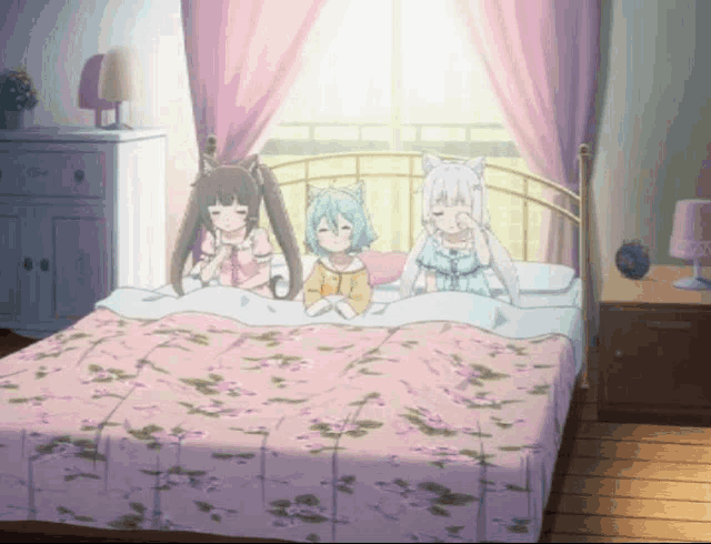 three anime girls are laying on a bed with a pink blanket