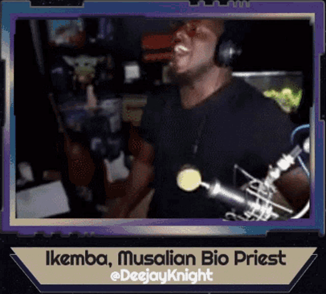 a man wearing headphones singing into a microphone with the name ikemba musalian bio priest